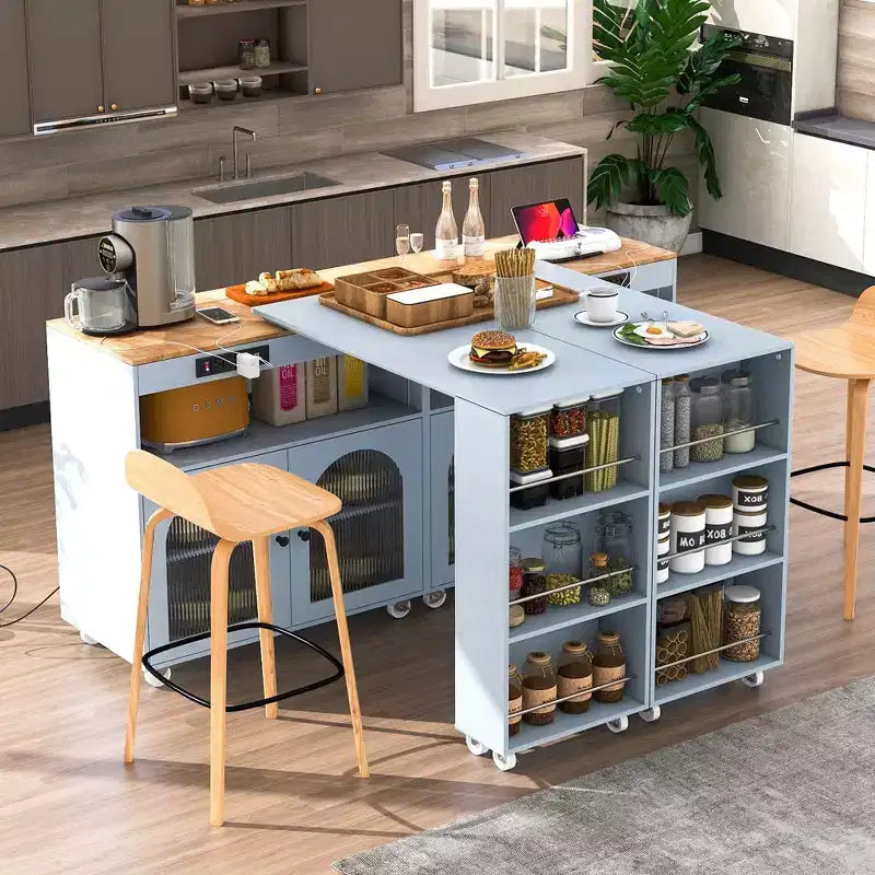 Kitchen Island On Wheels with 2 Glass Doors, Kitchen Cart with Extended Table and Power Outlets, Kitchen Island with Side Open Shelves