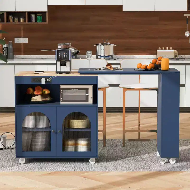 Kitchen Island On Wheels with 2 Glass Doors, Kitchen Cart with Extended Table and Power Outlets, Kitchen Island with Side Open Shelves