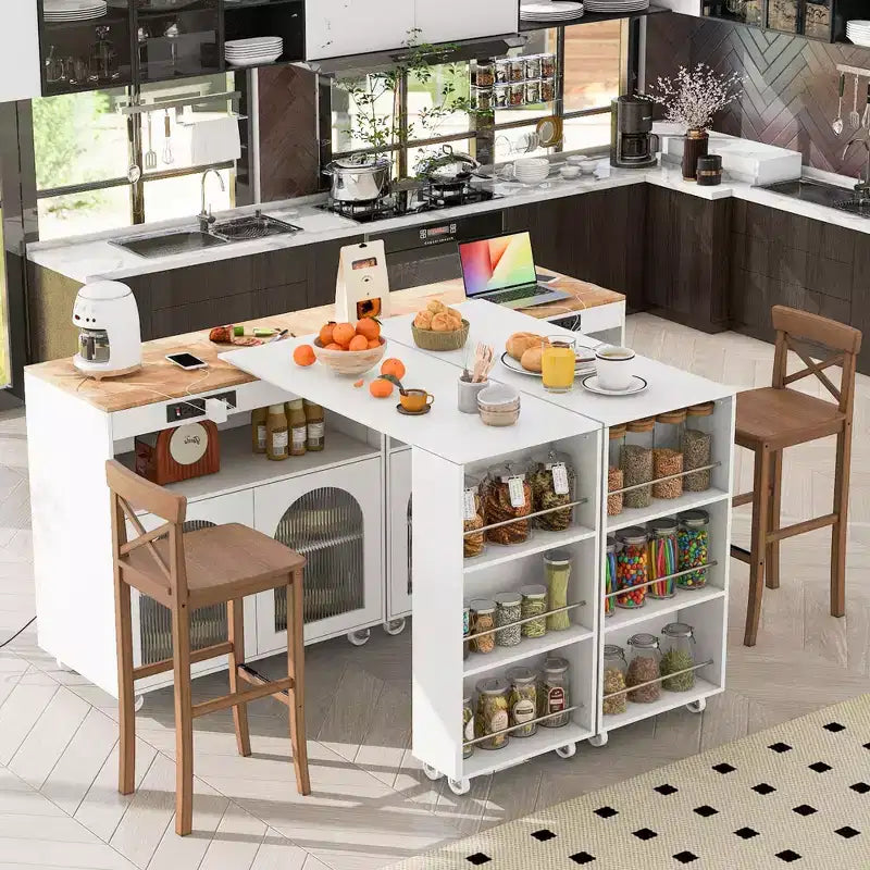 Okak Kitchen Island On Wheels with 2 Glass Doors, Kitchen Cart with Extended Table and Power Outlets, Kitchen Island with Side Open Shelves