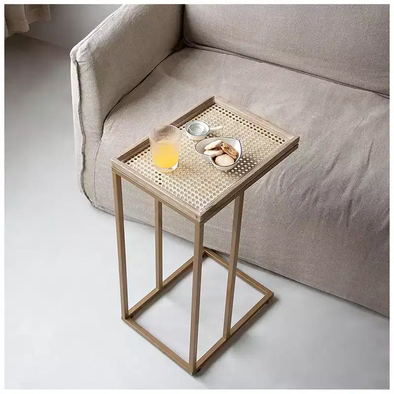 Farmhouse C Table Couch Metal End Table with Woven Pattern Tray Top, Gold