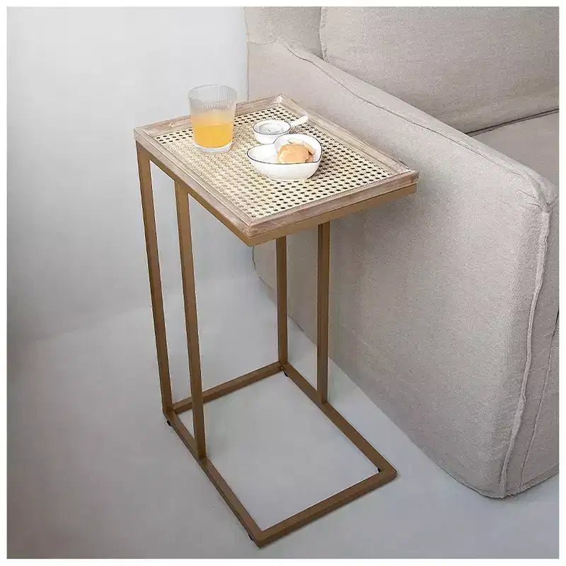 Farmhouse C Table Couch Metal End Table with Woven Pattern Tray Top, Gold