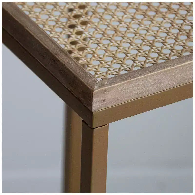 Farmhouse C Table Couch Metal End Table with Woven Pattern Tray Top, Gold