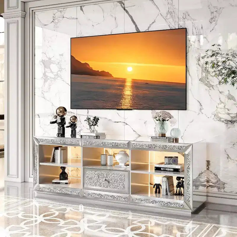 VINGLI Mirrored TV Stand with Sparkling Diamonds & LED Lights for TVs Up to 65 Inch, Assembled Modern Entertainment Center