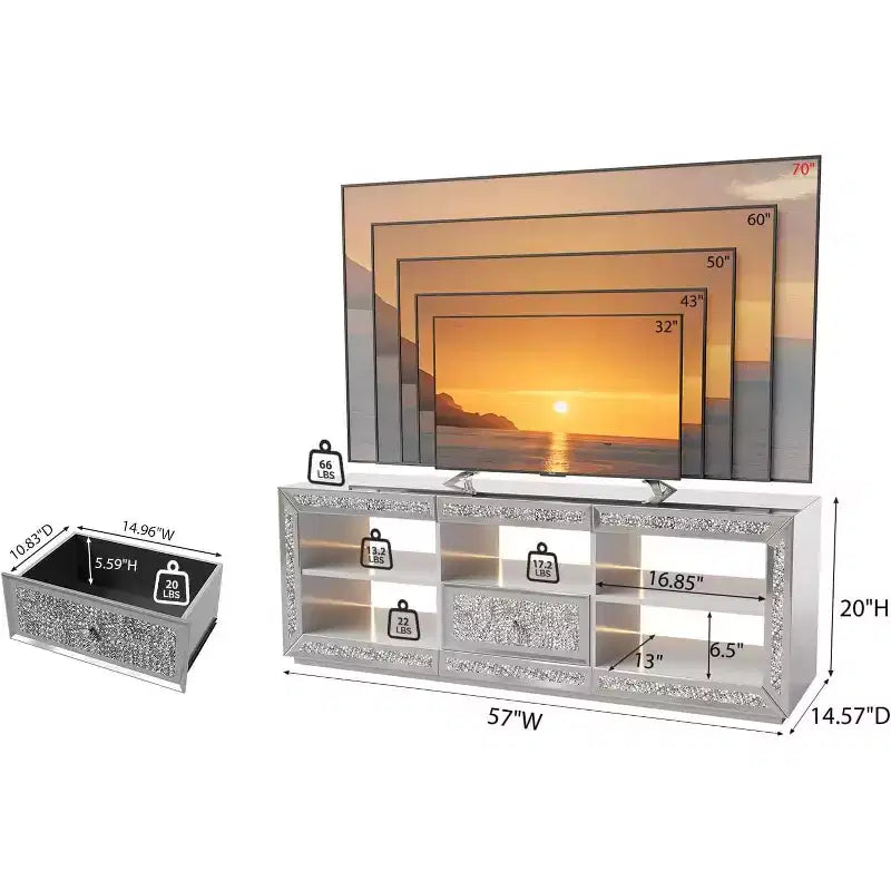 Mirrored TV Stand with Sparkling Diamonds & LED Lights for TVs Up to 65 Inch, Assembled Modern Entertainment Center