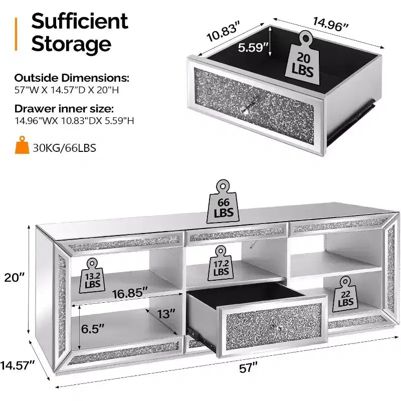 Mirrored TV Stand with Sparkling Diamonds & LED Lights for TVs Up to 65 Inch, Assembled Modern Entertainment Center