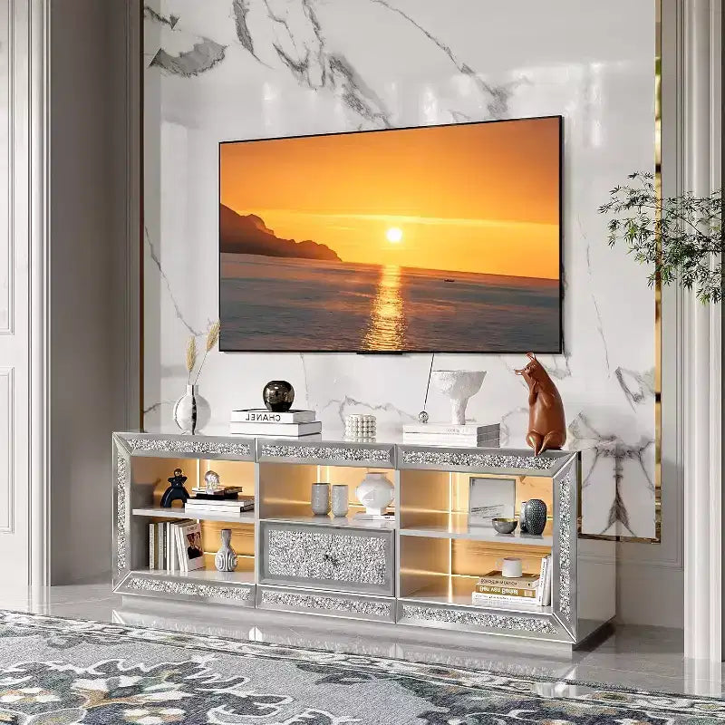 Mirrored TV Stand with Sparkling Diamonds & LED Lights for TVs Up to 65 Inch, Assembled Modern Entertainment Center