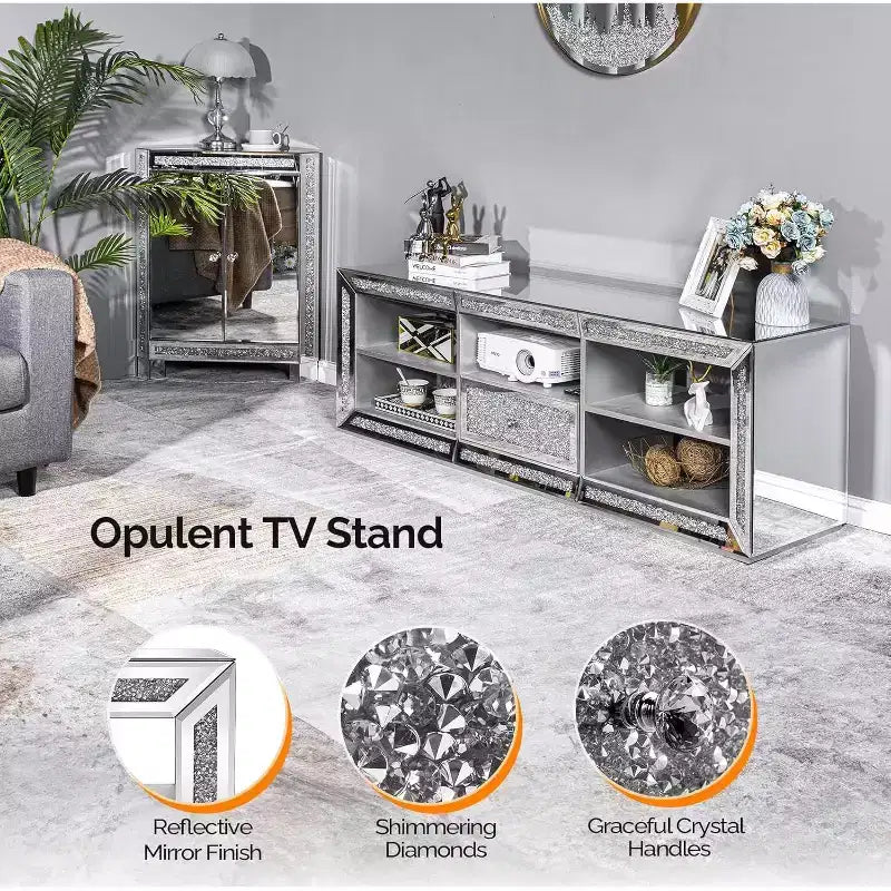 Mirrored TV Stand with Sparkling Diamonds & LED Lights for TVs Up to 65 Inch, Assembled Modern Entertainment Center