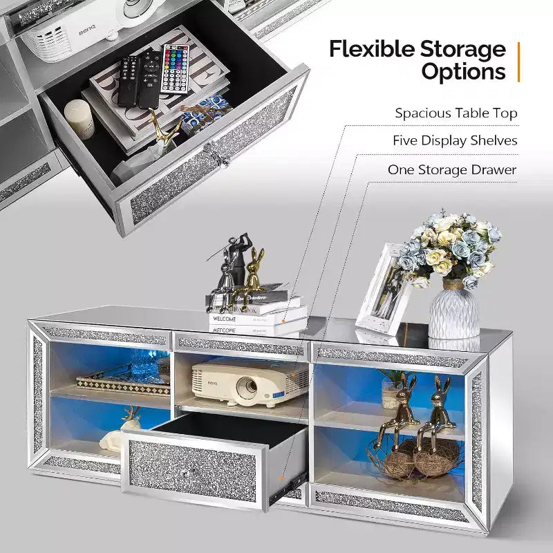 Mirrored TV Stand with Sparkling Diamonds & LED Lights for TVs Up to 65 Inch, Assembled Modern Entertainment Center