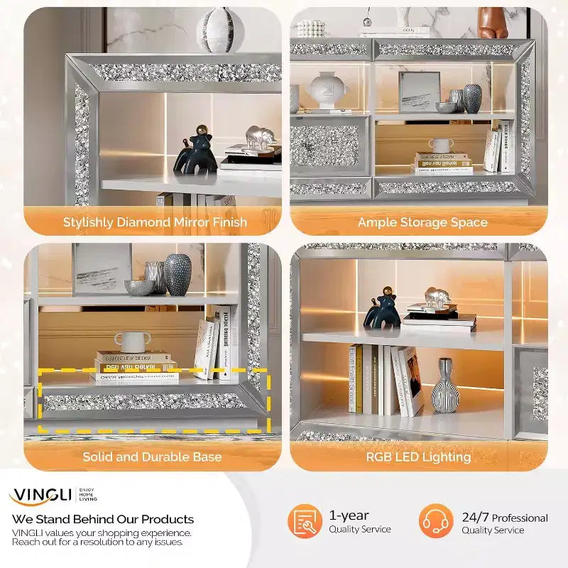Mirrored TV Stand with Sparkling Diamonds & LED Lights for TVs Up to 65 Inch, Assembled Modern Entertainment Center