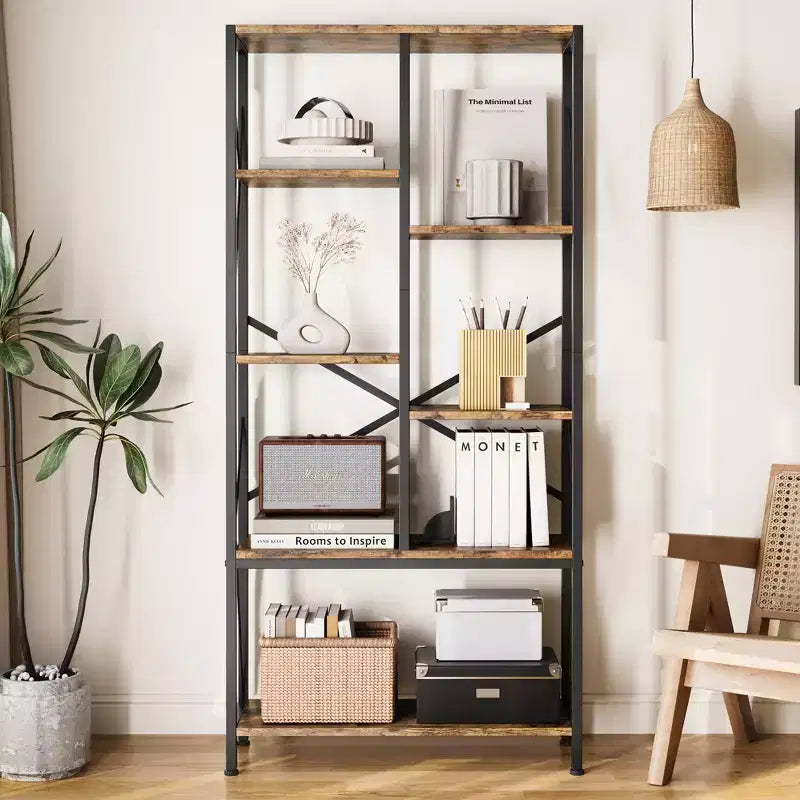 Rustic Farmhouse Book Shelves,Adjustable Open Bookcase, Industrial Wood and Black Metal Bookshelves, Bookcase for Home Office Living Room Bedroom