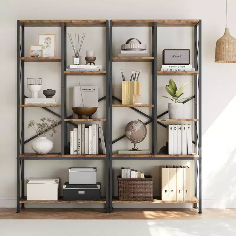 Rustic Farmhouse Book Shelves,Adjustable Open Bookcase, Industrial Wood and Black Metal Bookshelves, Bookcase for Home Office Living Room Bedroom