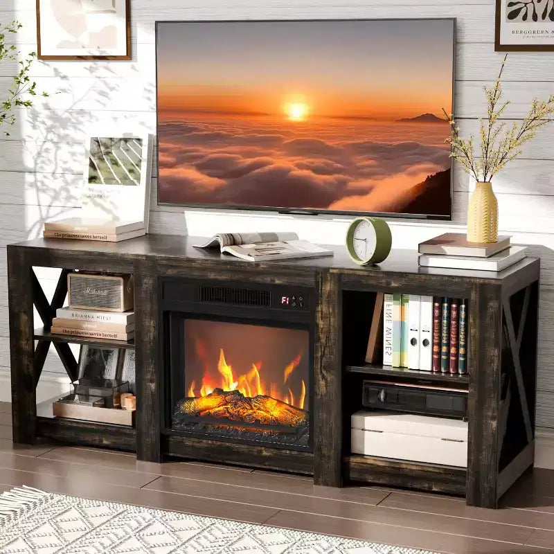 VINGLI Farmhouse Fireplace TV Stand for up to 70 inch TVs, Entertainment Center with Electric Fireplace Heater & Adjustable Shelves