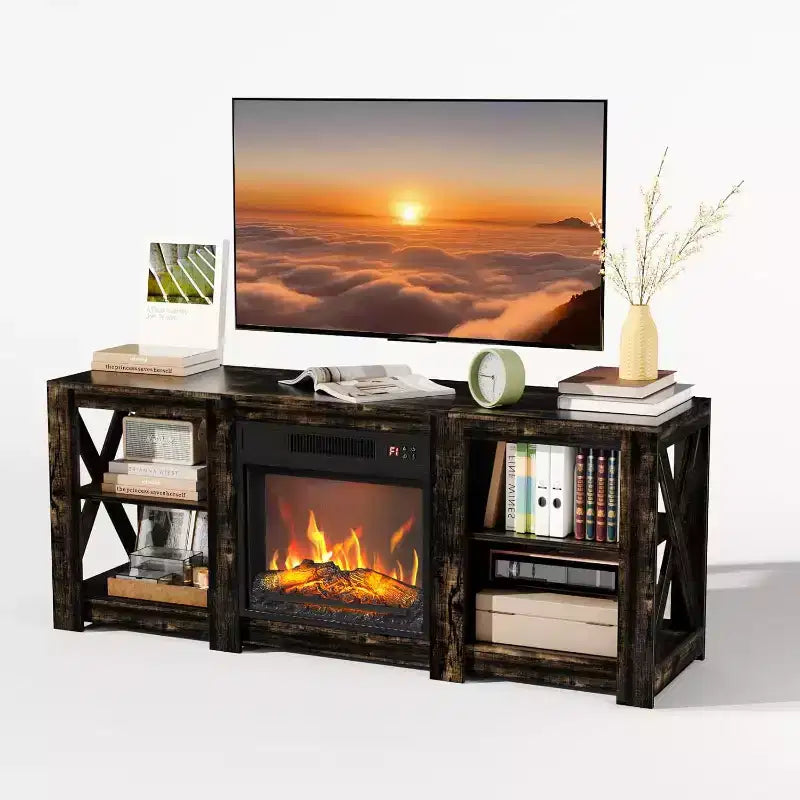 Farmhouse Fireplace TV Stand for up to 70 inch TVs, Entertainment Center with Electric Fireplace Heater & Adjustable Shelves