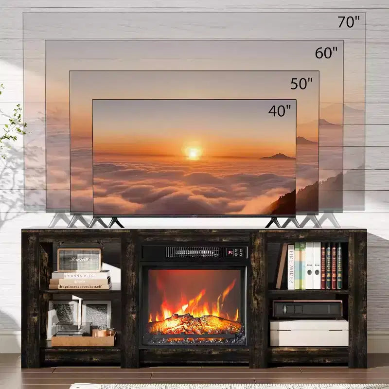 Farmhouse Fireplace TV Stand for up to 70 inch TVs, Entertainment Center with Electric Fireplace Heater & Adjustable Shelves