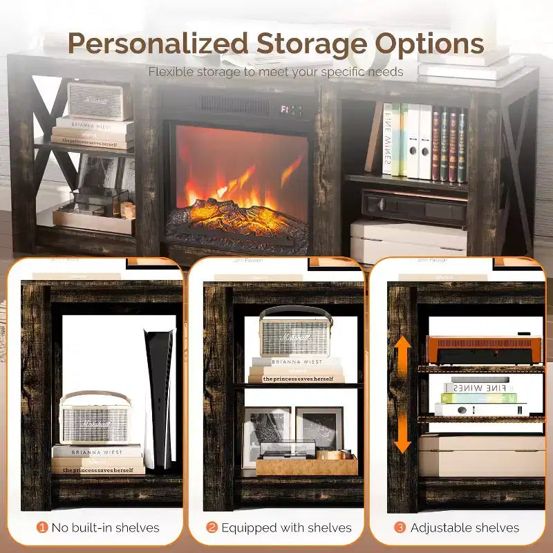 Farmhouse Fireplace TV Stand for up to 70 inch TVs, Entertainment Center with Electric Fireplace Heater & Adjustable Shelves