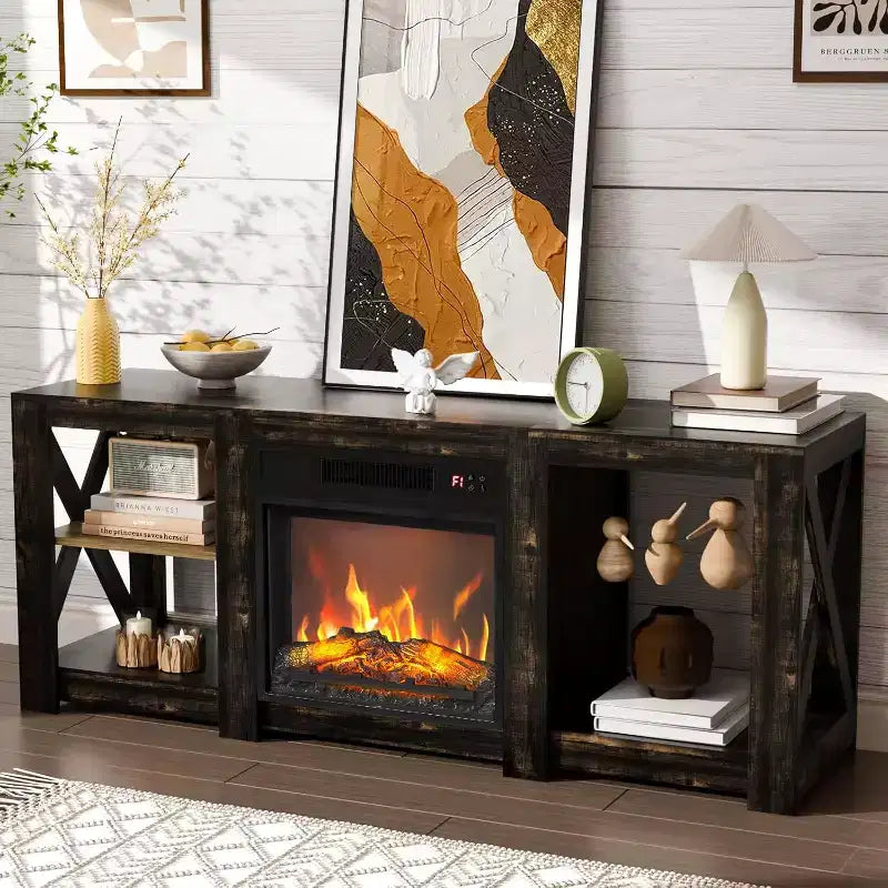 Farmhouse Fireplace TV Stand for up to 70 inch TVs, Entertainment Center with Electric Fireplace Heater & Adjustable Shelves