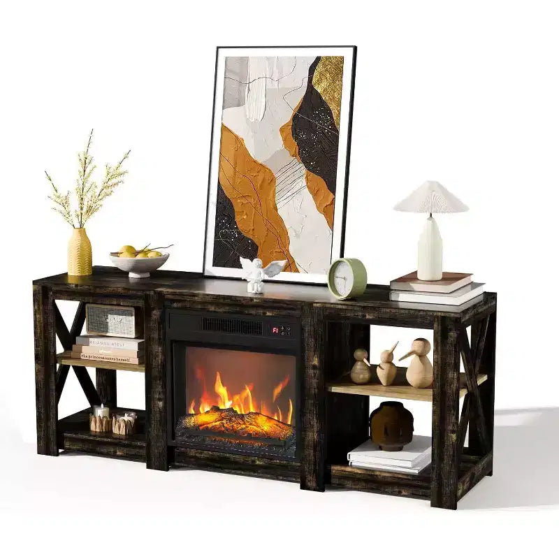 Farmhouse Fireplace TV Stand for up to 70 inch TVs, Entertainment Center with Electric Fireplace Heater & Adjustable Shelves