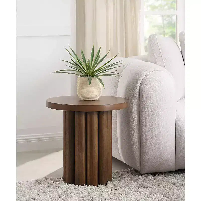 Vintage Round Side Table with Wooden Color Finish, Accent Table with Thick Tabletop, End Table for Living Room, Bedroom, Brown