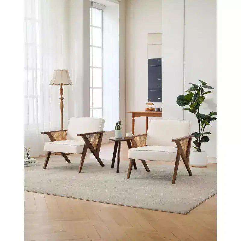 Accent Chair with Soft Cushion, Mid Century Modern Chair with Rubberwood Frame, Linen Fabric Upholstered Lounge Chair for Living Room, Bedroom