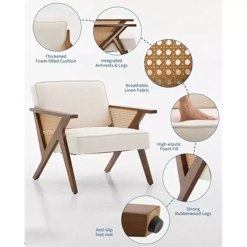 Accent Chair with Soft Cushion, Mid Century Modern Chair with Rubberwood Frame, Linen Fabric Upholstered Lounge Chair for Living Room, Bedroom