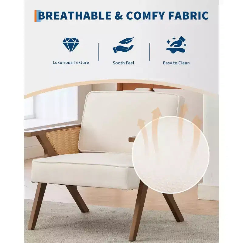 Accent Chair with Soft Cushion, Mid Century Modern Chair with Rubberwood Frame, Linen Fabric Upholstered Lounge Chair for Living Room, Bedroom