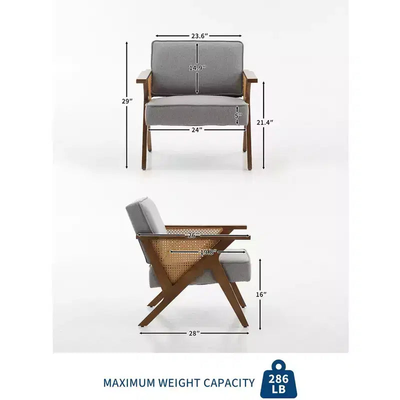 Accent Chair with Soft Cushion, Mid Century Modern Chair with Rubberwood Frame, Linen Fabric Upholstered Lounge Chair for Living Room, Bedroom