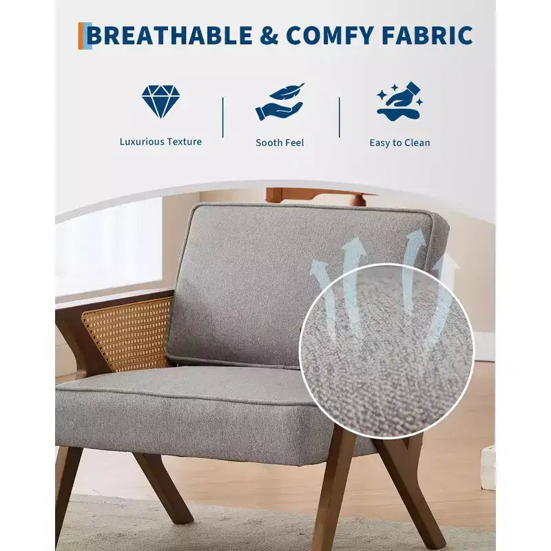 Accent Chair with Soft Cushion, Mid Century Modern Chair with Rubberwood Frame, Linen Fabric Upholstered Lounge Chair for Living Room, Bedroom