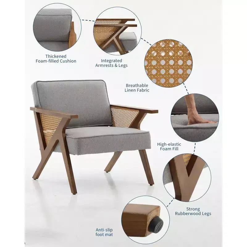 Accent Chair with Soft Cushion, Mid Century Modern Chair with Rubberwood Frame, Linen Fabric Upholstered Lounge Chair for Living Room, Bedroom
