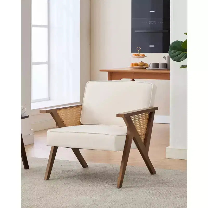 Accent Chair with Soft Cushion, Mid Century Modern Chair with Rubberwood Frame, Linen Fabric Upholstered Lounge Chair for Living Room, Bedroom