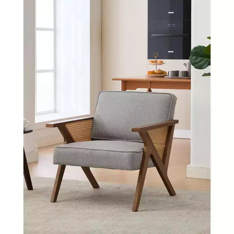 Accent Chair with Soft Cushion, Mid Century Modern Chair with Rubberwood Frame, Linen Fabric Upholstered Lounge Chair for Living Room, Bedroom