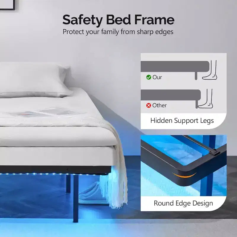 Bed Frame Twin with USB Charging Station/LED Lights, Black