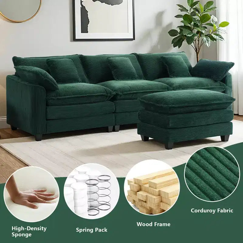 Chenille 3-Seat Sectional Sofa Modular Deep Seat Sleeper Couch with Ottoman & Side Pocket