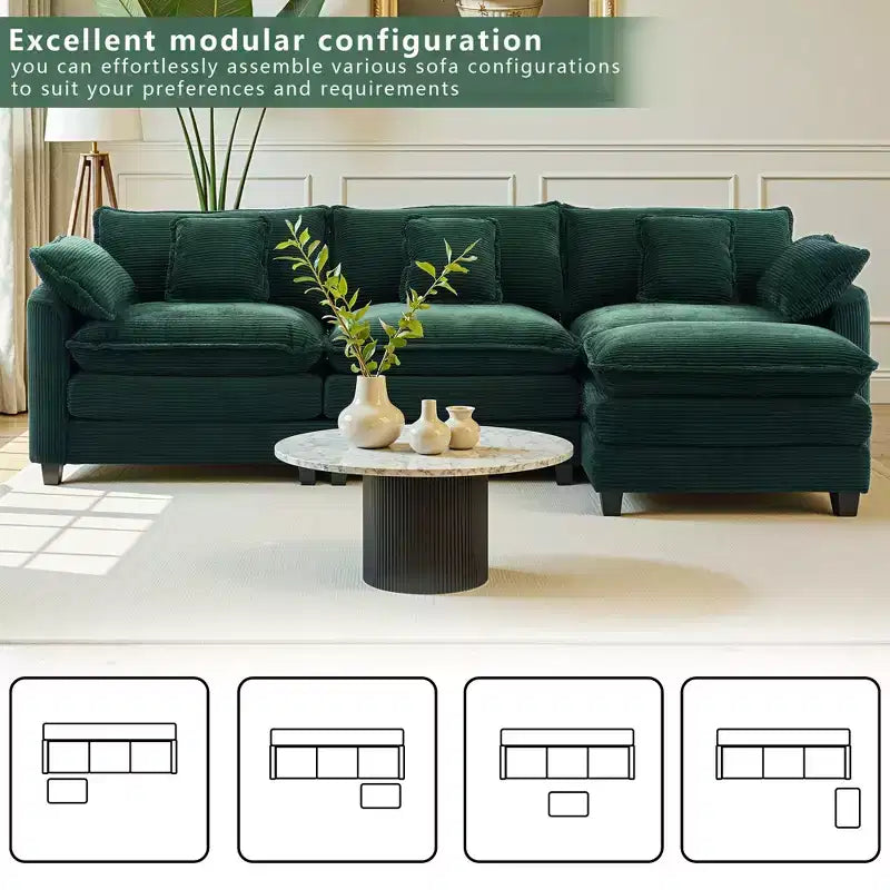 Chenille 3-Seat Sectional Sofa Modular Deep Seat Sleeper Couch with Ottoman & Side Pocket