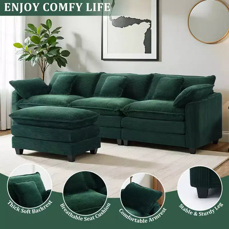 Chenille 3-Seat Sectional Sofa Modular Deep Seat Sleeper Couch with Ottoman & Side Pocket