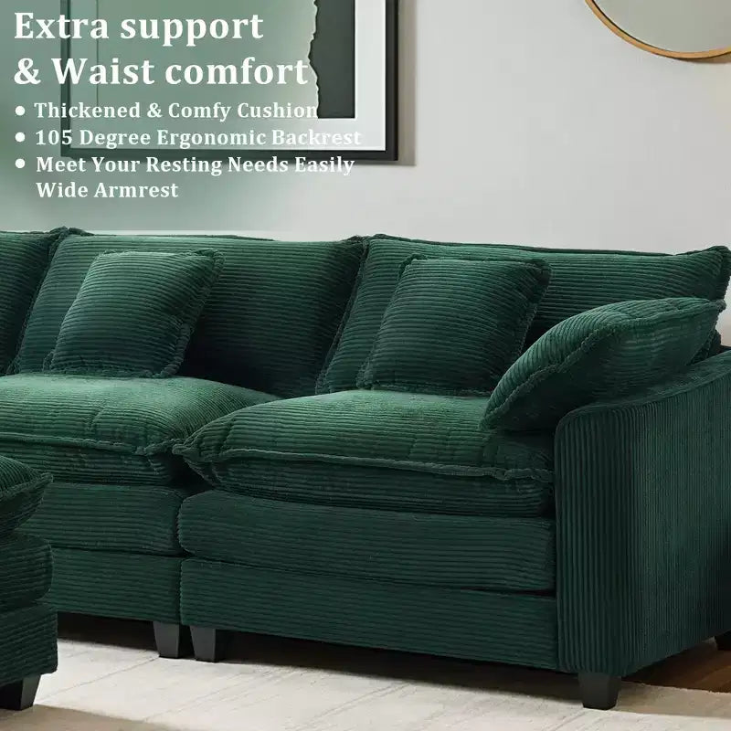 Chenille 3-Seat Sectional Sofa Modular Deep Seat Sleeper Couch with Ottoman & Side Pocket