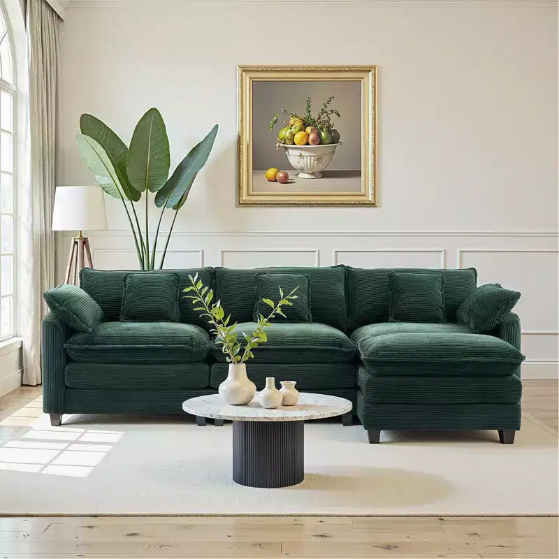 Chenille 3-Seat Sectional Sofa Modular Deep Seat Sleeper Couch with Ottoman & Side Pocket