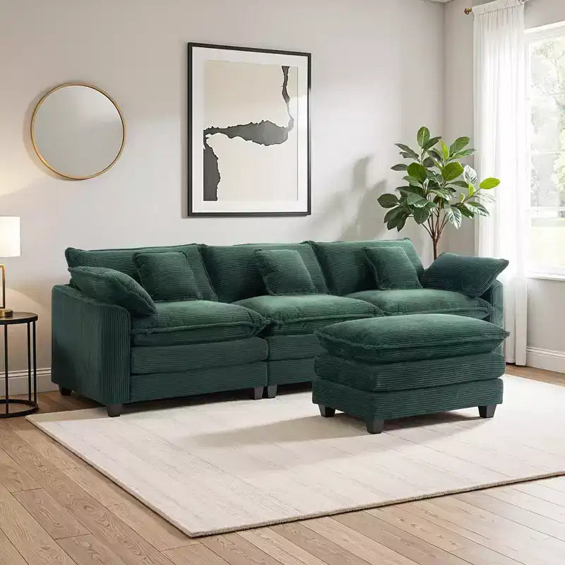 Chenille 3-Seat Sectional Sofa Modular Deep Seat Sleeper Couch with Ottoman & Side Pocket