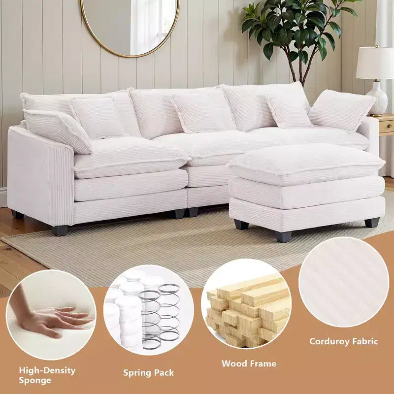 Chenille 3-Seat Sectional Sofa Modular Deep Seat Sleeper Couch with Ottoman & Side Pocket