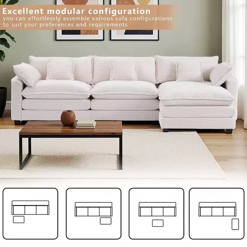 Chenille 3-Seat Sectional Sofa Modular Deep Seat Sleeper Couch with Ottoman & Side Pocket