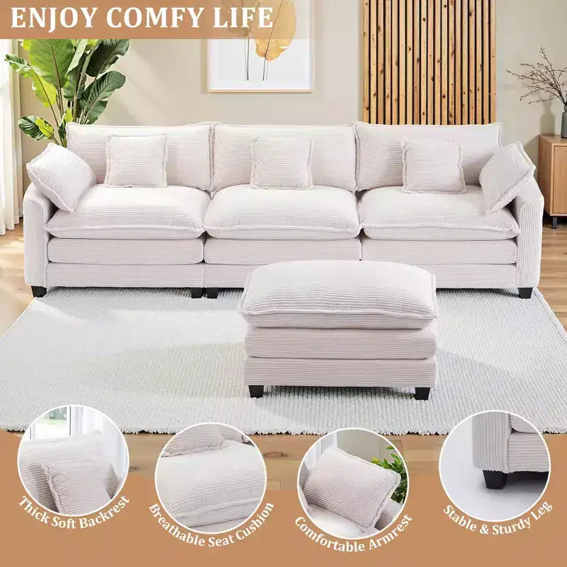 Chenille 3-Seat Sectional Sofa Modular Deep Seat Sleeper Couch with Ottoman & Side Pocket