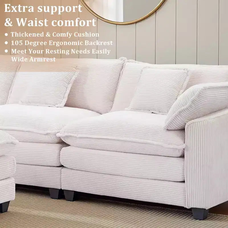 Chenille 3-Seat Sectional Sofa Modular Deep Seat Sleeper Couch with Ottoman & Side Pocket