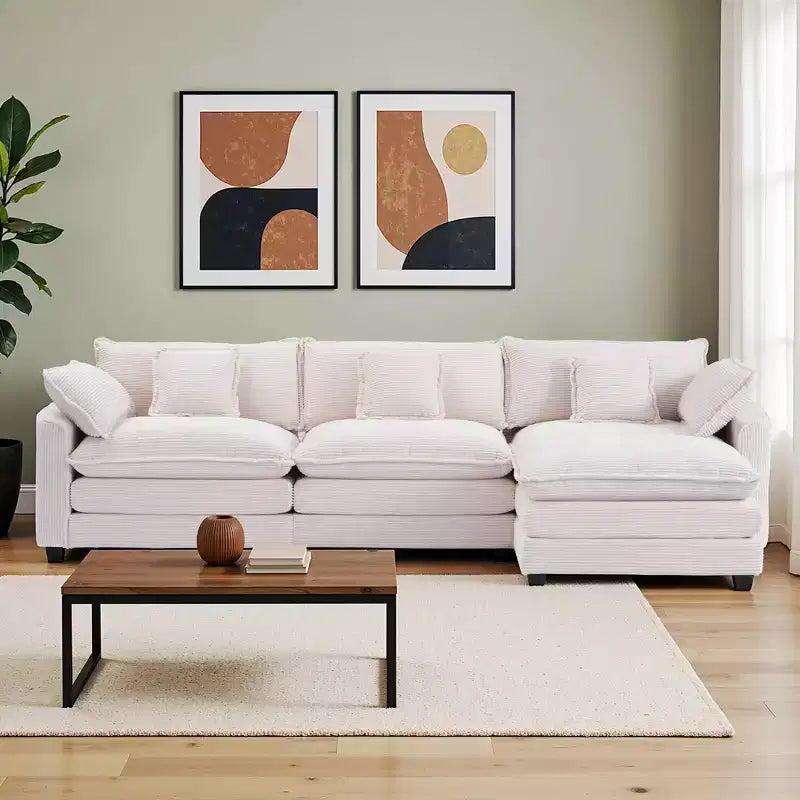 Chenille 3-Seat Sectional Sofa Modular Deep Seat Sleeper Couch with Ottoman & Side Pocket