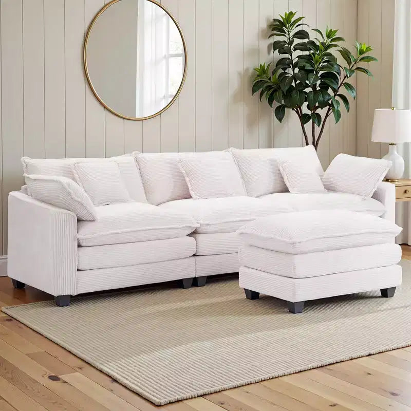 Chenille 3-Seat Sectional Sofa Modular Deep Seat Sleeper Couch with Ottoman & Side Pocket