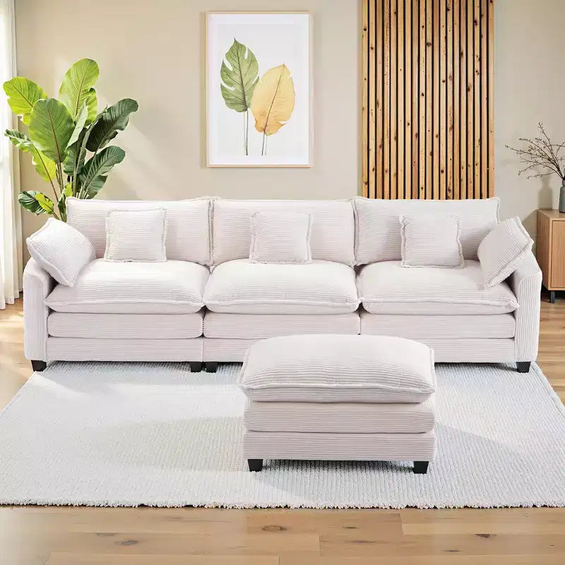 EHMKNP Chenille 3-Seat Sectional Sofa  Modular Deep Seat Sleeper Couch with Ottoman & Side Pocket