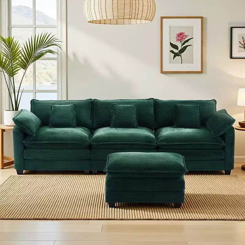 Chenille 3-Seat Sectional Sofa Modular Deep Seat Sleeper Couch with Ottoman & Side Pocket