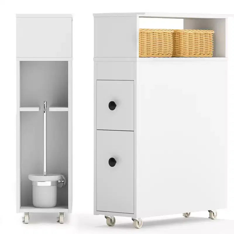 Movable Bathroom Storage Cabinet Narrow Toilet Side Paper Holder w/ 2 Drawers