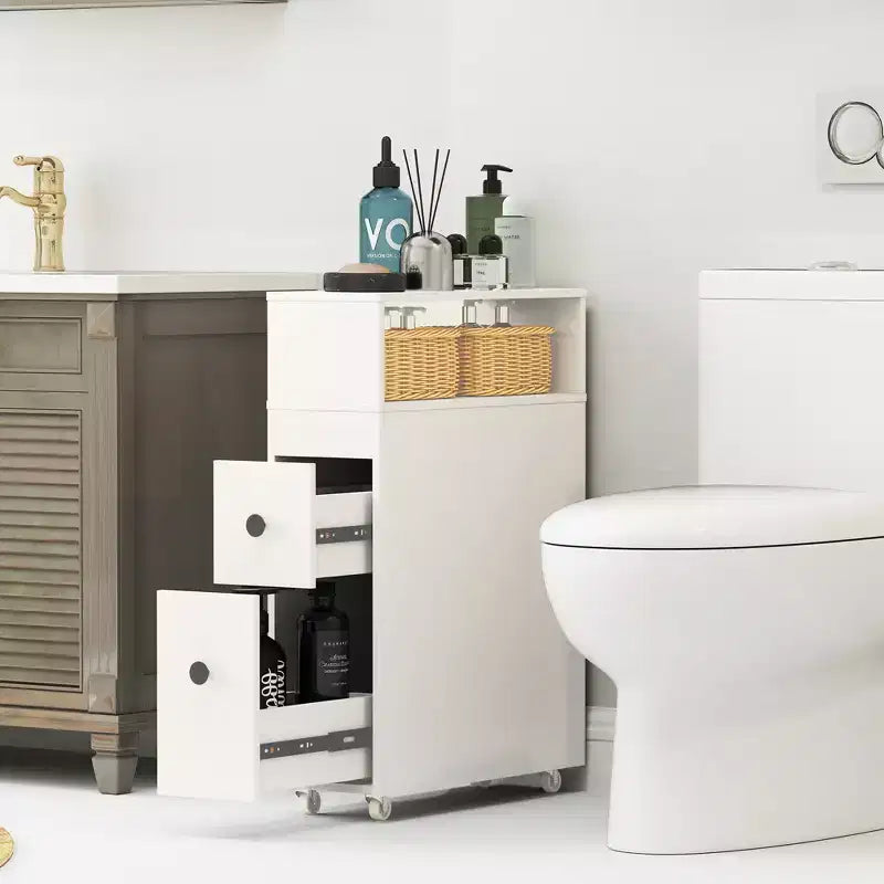 Movable Bathroom Storage Cabinet Narrow Toilet Side Paper Holder w/ 2 Drawers