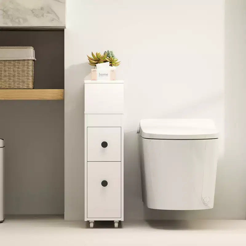 Movable Bathroom Storage Cabinet Narrow Toilet Side Paper Holder w/ 2 Drawers