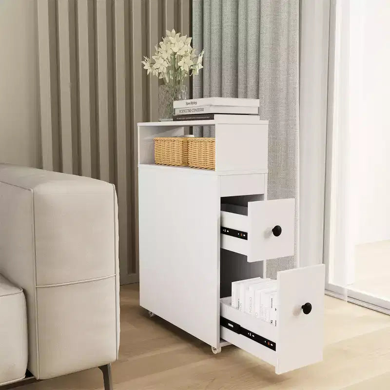 Movable Bathroom Storage Cabinet Narrow Toilet Side Paper Holder w/ 2 Drawers