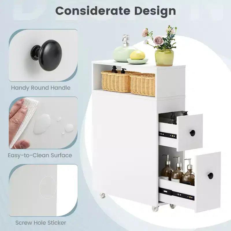 Movable Bathroom Storage Cabinet Narrow Toilet Side Paper Holder w/ 2 Drawers